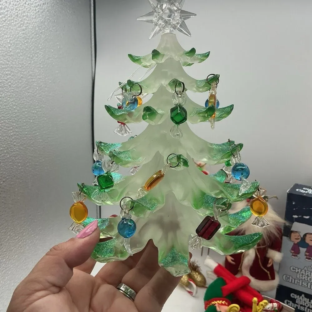 Set of 2 Acrylic Christmas Trees Candy Ornaments Glitter Star Topper 6–7”